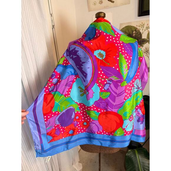 Liz Claiborne Accessories - Liz Claiborne Vintage 100% Silk Scarf Tropical Fruit Floral Polka Dot Pink Blue